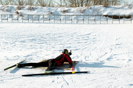 PETROPAVLOVSK, KAZAKHSTAN- JANUARY 24, 2016: shooting lying biathlon training youth in Kazakhstan, winter landscapeのeditorial素材