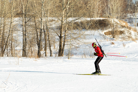 PETROPAVLOVSK, KAZAKHSTAN- JANUARY 24, 2016:  biathlon skiing, training youth in Kazakhstan, winter landscapeのeditorial素材