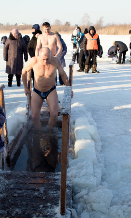 PETROPAVLOVSK, KAZAKHSTAN- JANUARY 19, 2015: The Baptism of Russia celebration. Orthodox church Holy Epiphany Day. Weather -25のeditorial素材
