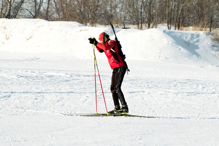 PETROPAVLOVSK, KAZAKHSTAN- JANUARY 24, 2016:  biathlon skiing, training youth in Kazakhstan, winter landscapeのeditorial素材