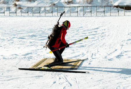 PETROPAVLOVSK, KAZAKHSTAN- JANUARY 24, 2016: shooting lying biathlon training youth in Kazakhstan, winter landscapeのeditorial素材