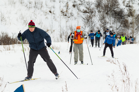 PETROPAVLOVSK, KAZAKHSTAN - FEBRUARY 6, 2016: Festival, Ski Marathon "Health Day", men and women's competitions in Northern Kazakhstan.のeditorial素材