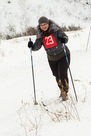 PETROPAVLOVSK, KAZAKHSTAN - FEBRUARY 6, 2016: Festival, Ski Marathon "Health Day", men and women's competitions in Northern Kazakhstan.のeditorial素材