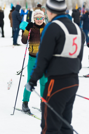 PETROPAVLOVSK, KAZAKHSTAN - FEBRUARY 6, 2016: Festival, Ski Marathon "Health Day", men and women's competitions in Northern Kazakhstan.のeditorial素材