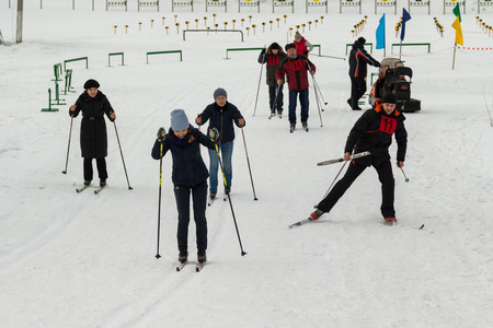 PETROPAVLOVSK, KAZAKHSTAN - FEBRUARY 6, 2016: Festival, Ski Marathon "Health Day", men and women's competitions in Northern Kazakhstan.のeditorial素材