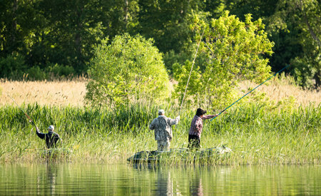 fishermen catch fish with a rubber boat