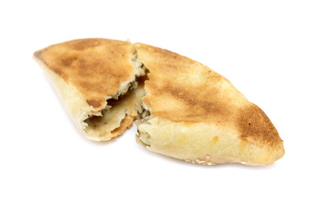 baked pie with meat on a white backgroundの写真素材