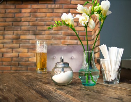 beer bar, flowers on the wooden tableの写真素材