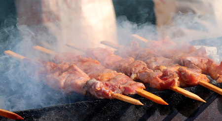 Skewers, meat on wooden skewersの写真素材