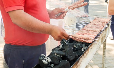 Shish kebab, meat roast on coalsの写真素材