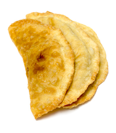 Cheburek - traditional dish of many Turkic and Mongolian peoples, isolated on white backgroundの写真素材