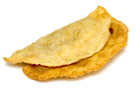 Cheburek - traditional dish of many Turkic and Mongolian peoples, isolated on white backgroundの写真素材