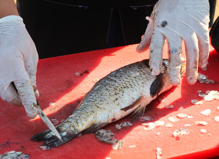 Clean the fish with a knife on the table