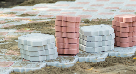 Brick tiles stacked on a palletの写真素材
