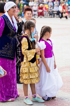 Petropavlovsk, Kazakhstan - August 30, 2017: Kazakhstan marks Constitution Day. People in national costumes, holiday festivities.のeditorial素材