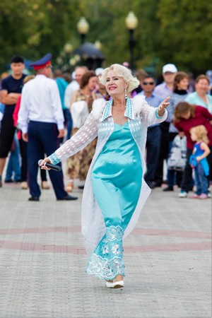 Petropavlovsk, Kazakhstan - August 30, 2017: Kazakhstan marks Constitution Day. People in national costumes, holiday festivities.のeditorial素材