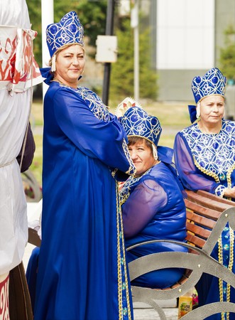 Petropavlovsk, Kazakhstan - August 30, 2017: Kazakhstan marks Constitution Day. People in national costumes, holiday festivities.のeditorial素材