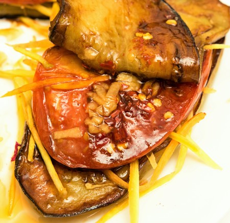 fried eggplant tomato carrot, hot appetizer foodの写真素材