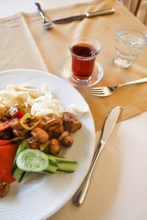 food in a plate, mushrooms pasta sausageの写真素材