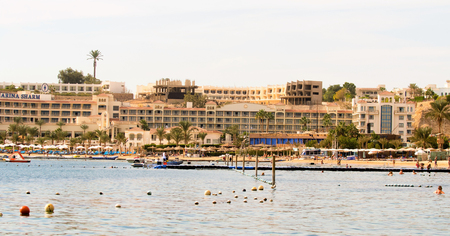 Sharm El Sheikh, Egypt - November 11, 2017: City and beach, Naama 'ama Bay. Sandy beaches and Egyptian architecture.のeditorial素材