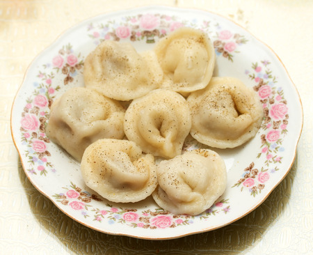 dumplings in a plate on a table closeup photoの写真素材