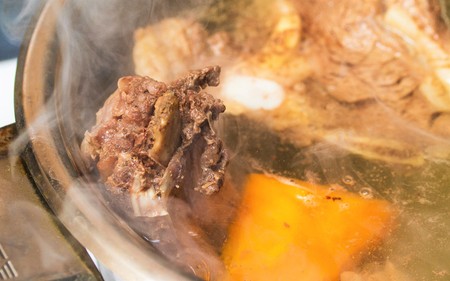 meat is brewed in broth close up