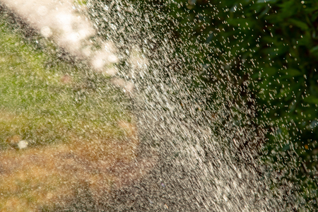 Defocused, Irrigation system watering the green grass with bokeh background.