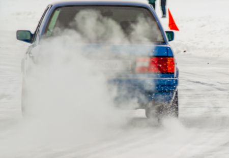 headlights through a snowstorm, no focus, winter natureの写真素材
