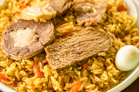 Rice carrots meat food pilaf closeupの写真素材