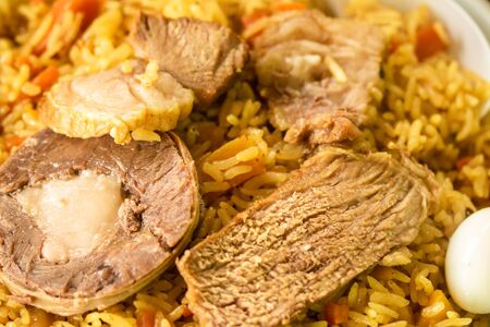 Rice carrots meat food pilaf closeupの写真素材