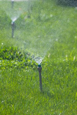 Irrigation System Watering the green grass with bokeh background.の写真素材