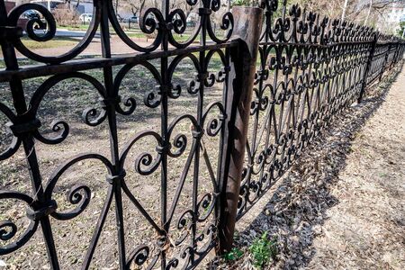 Metal forged fence, a view into the distance, summer nature.の写真素材