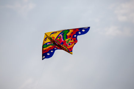 Nice kite flying colors against the blue sky.の写真素材