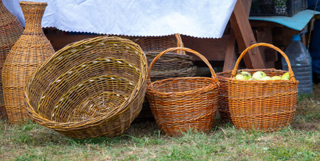ripe green apples in a wicker basketの写真素材