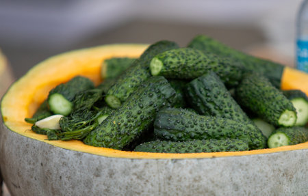 Fresh green cucumbers close upの写真素材