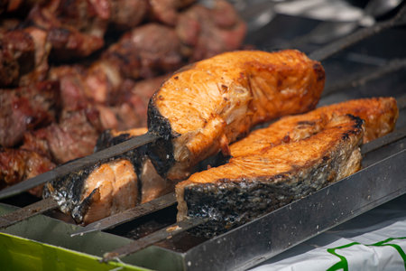 Grilled meat on skewers, barbecue on coals.の写真素材