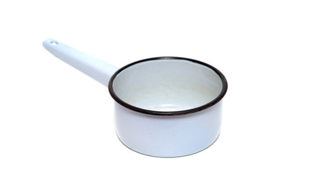 Ladle with a blue handle for water on a white background.の写真素材