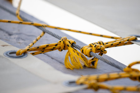 Ropes on the deck of a sailing ship close-up.の写真素材