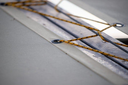 Close up of rope on the deck of a yacht, shallow depth of fieldの写真素材