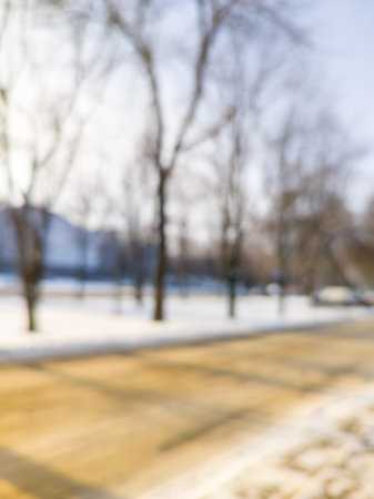 city street in winter trees houses out of focusの写真素材