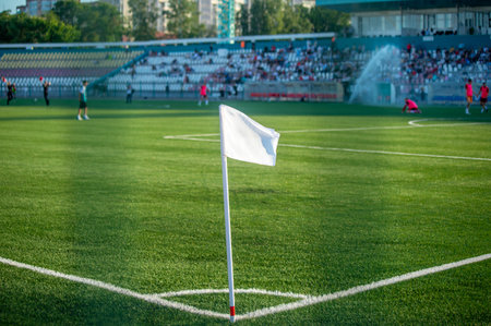 A white flag is on a soccer field. There are many people in the backgroundの写真素材