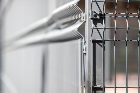 A metal fence with a metal bar on the top. The fence is made of metal and has a silver colorの写真素材