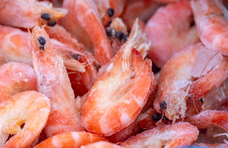 A bunch of shrimp are frozen and sitting on a table. The shrimp are pink and have a slightly salty tasteの写真素材