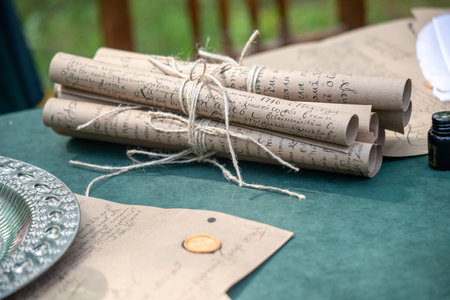 A stack of old papers with a string tied to them. The papers are tied together and are on a tableの写真素材