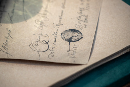 A piece of paper with a stamp on it and the word "BELIEF" written on it. The stamp is black and the paper is brown. The paper is folded and placed on top of another piece of paperの写真素材