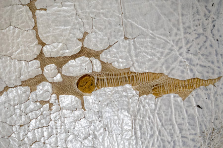 A piece of material with a hole in it. The material is old and worn, with a rough texture and a faded appearance. The hole in the material is large and jagged.の写真素材