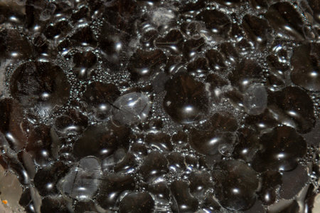 A close up of a black substance with many small black dots. The substance appears to be a mixture of water and some other material. The image has a somewhat eerie and mysterious feel to itの写真素材