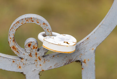 A rusty gate with a white lock on it. The lock is open and the gate is closedの写真素材
