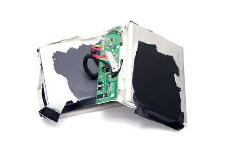 A broken electronic device with a green component. The device is open and the green component is missingの写真素材