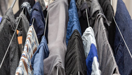 A row of clothes hanging on a clothesline. The clothes are mostly blue and gray. The clothesline is hanging from a metal rodの写真素材